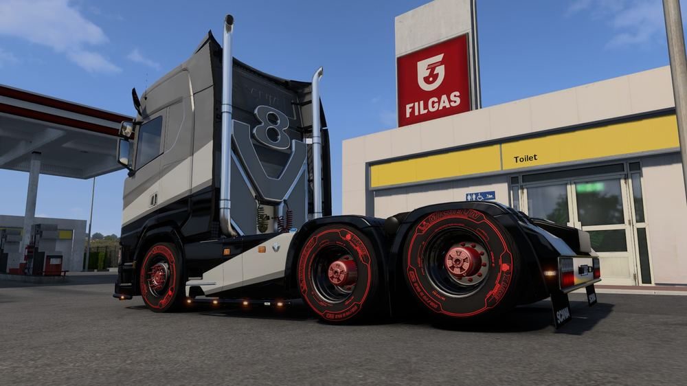 Scania V8 rear three-quarter view