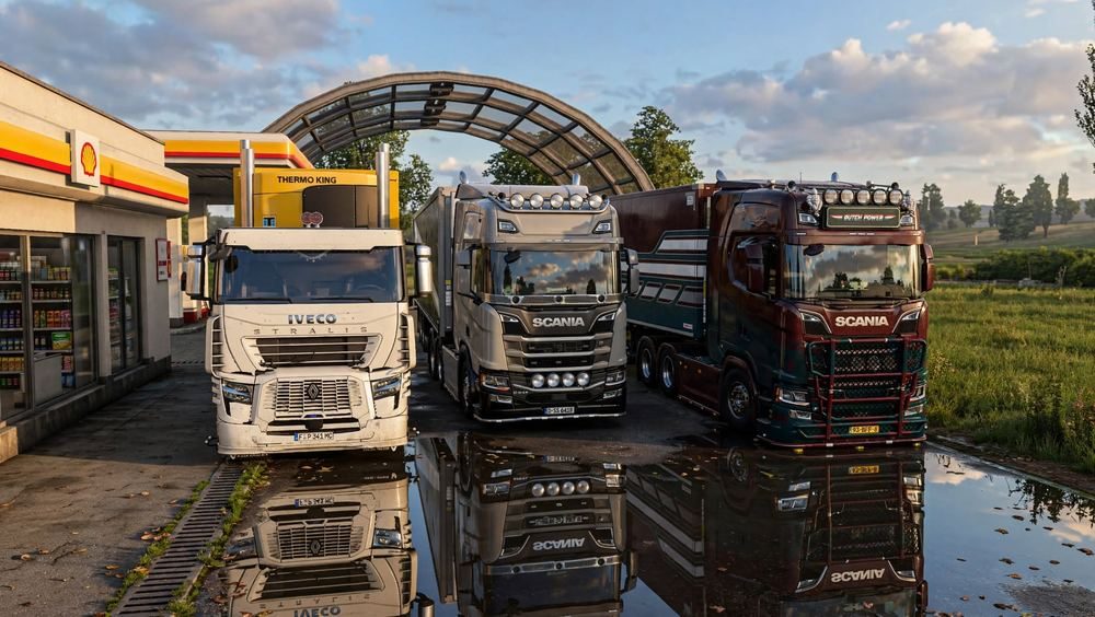 Trucks at a fuel stop