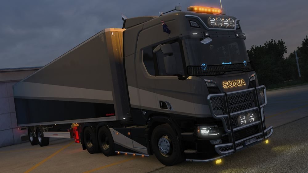 Scania with bull bar at dusk